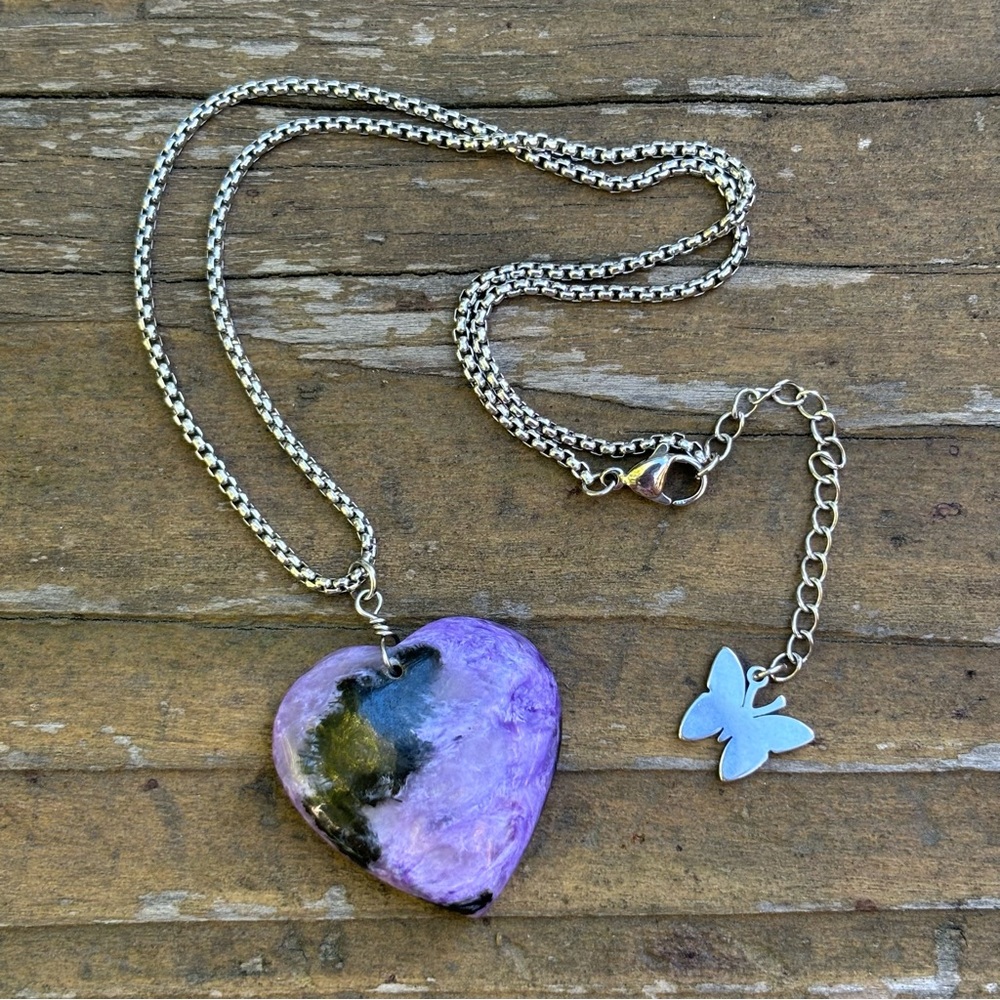 Handmade Charoite Heart Pendant Necklace – Adjustable Length